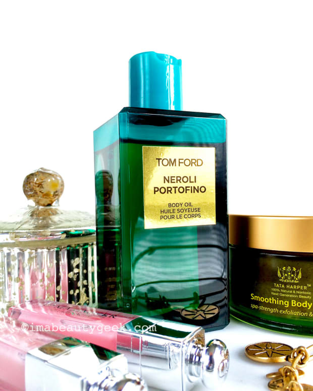 Tom Ford Neroli Portofino body oil, Tata Harper Body Scrub, Dior Lip Maximizer