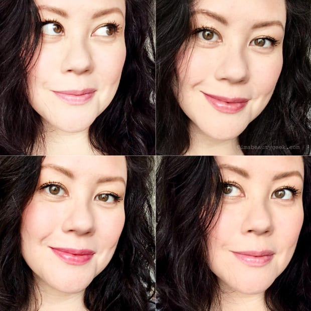Clinique Crayola Chubby Stick top left and bottom right: Pink Sherbert. Top right: Mauvelous. Bottom left: Wild Strawberry. They're sheer; I apply until I get the most intense finish I can.