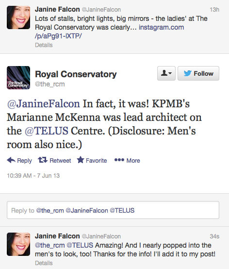 See? The ladies' room at the Telus Centre/Royal Conservatory in Toronto was indeed designed by a woman.
