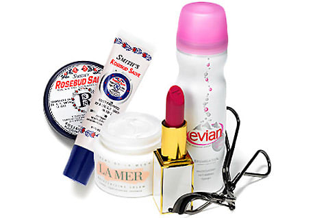 Leighton Meester's beauty favourites: Smith's Rosebud Salve, La Mer Creme de la Mer, Tom Ford Lipstick, Evian Mineral Water Spray, and a lash curler