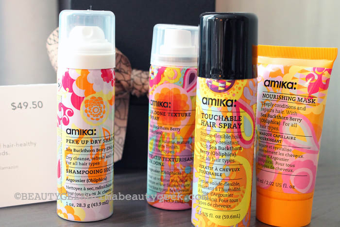 Amika Glambox of travel-size dry shampoo, texture spray, hair spray and nourishing mask ($49.50 at birchbox.ca)