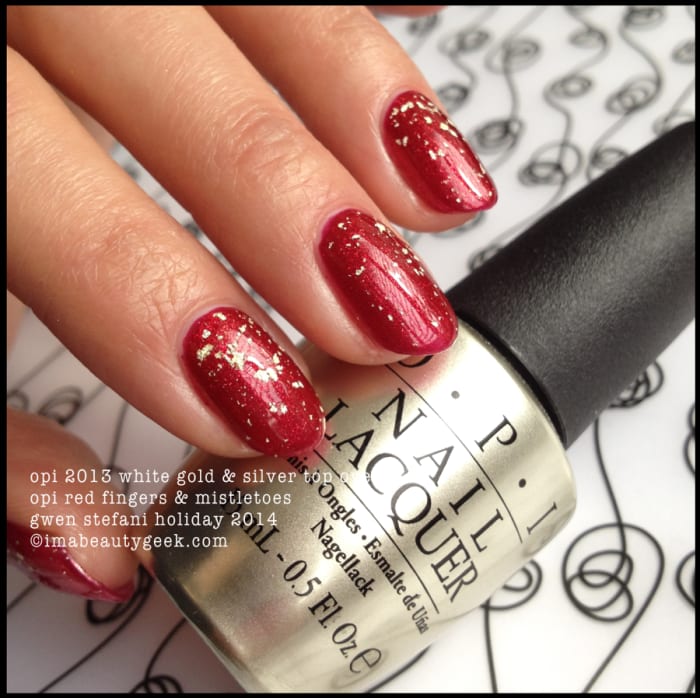 OPI Red Fingers and Mistletoes Gwen Stefani Holiday 2014 and OPI 2013 white gold & silver top coat