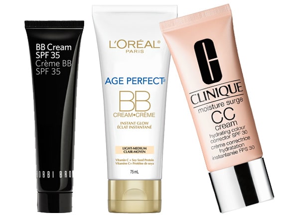 bobbi brown bb cream spf 35; l'oreal paris age perfect bb cream; clinique moisture surge cc cream spf 30