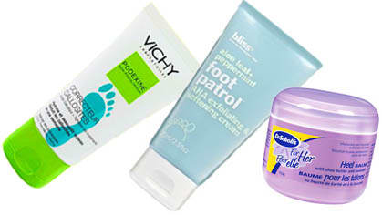 Exfoliating foot creams: Vichy Podexine, Bliss Foot Patrol, Dr. Scholl's For Her Foot Softening Balm