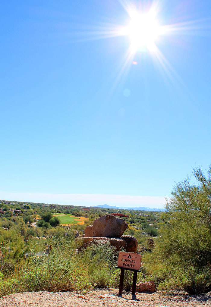 How to avoid vacation sunburn: wear lots of SPF for your daytime trek to Sunset Point at The Boulders resort in Scottsdale, AZ.
