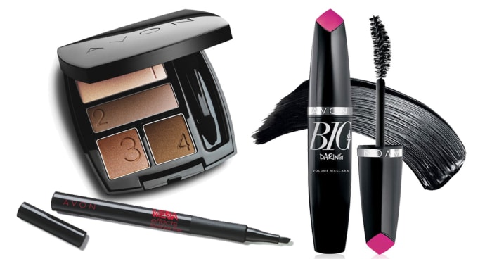 Kat Dennings eye makeup_Avon True Color Eyeshadow Quad in Mocha Latte_Avon Mega Effects Liquid Eye Liner_Avon Big & Daring Volume Mascara