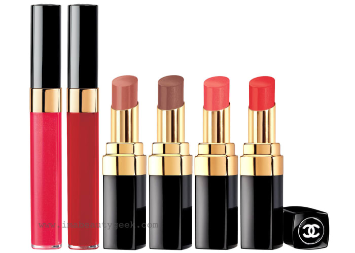 Chanel Summer 2015 Méditerranée: Glossimer in 447 Rose Paradis, 457 Allegria (limited edition); Rouge Coco Shine in 477 Rêveuse, 487 Amorosa (limited edition), 497 Intrépide, 507 Insoumise