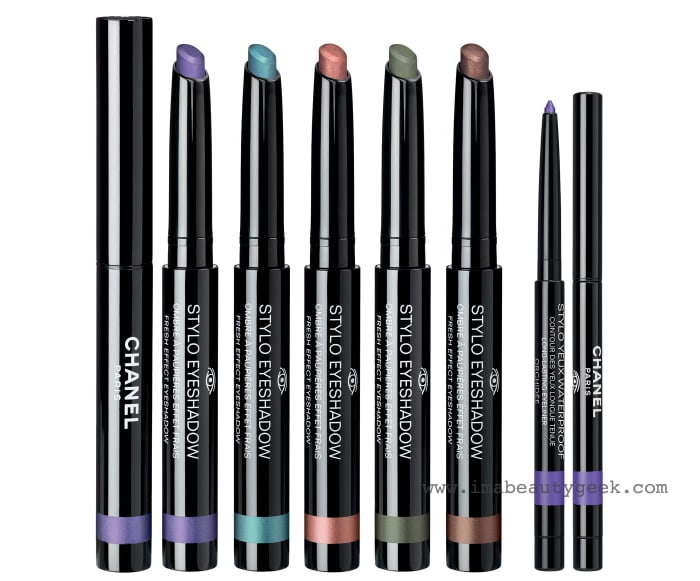 Chanel Summer 2015 Méditerranée eye makeup (all limited editions): Stylo Eyeshadow in 107 Campanule, 117 Azuelo, 127 Laurier Rose, 137 Olivine, 147 Caroube and 997 Orchidée