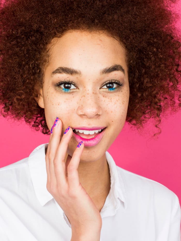 You just can't be grumpy in fun makeup like this look on model Kiera Yasmeen. This is how to wear colour without fear that it'll overpower your features.