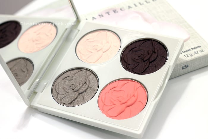 Chantecaille Le Magnolia Eye and Cheek Palette: (clockwise from top left) Magnolia, a slightly iridescent white; Bark, a semi-matte neutral brown; Wild, coral for cheeks; and Leaf, a pale pearlescent green.