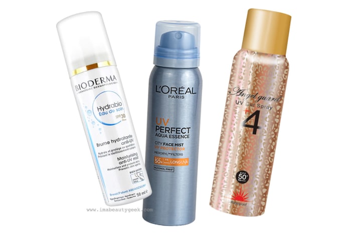 Water-light sunscreen sprays: Bioderma Hydrabio Eau de Soin SPF 30; L'Oréal Paris UV Perfect City Face Mist SPF 50; Angel Guard UV Cut Spray SPF 50.