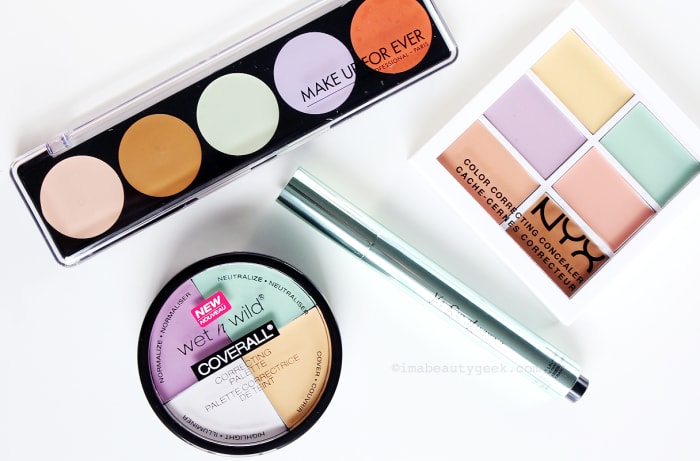 Makeup for allergies: Make Up For Ever 5 Camouflage Palette #5; NYX Color Corrrecting Concealer; YSL Touche Eclat Neutralizer in Green; Wet n Wild Coverall Correcting Palette