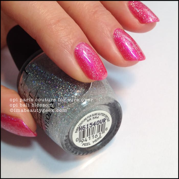 OPI Paris Couture For Sure Top Coat over OPI Bali Blossom Black Label OPI