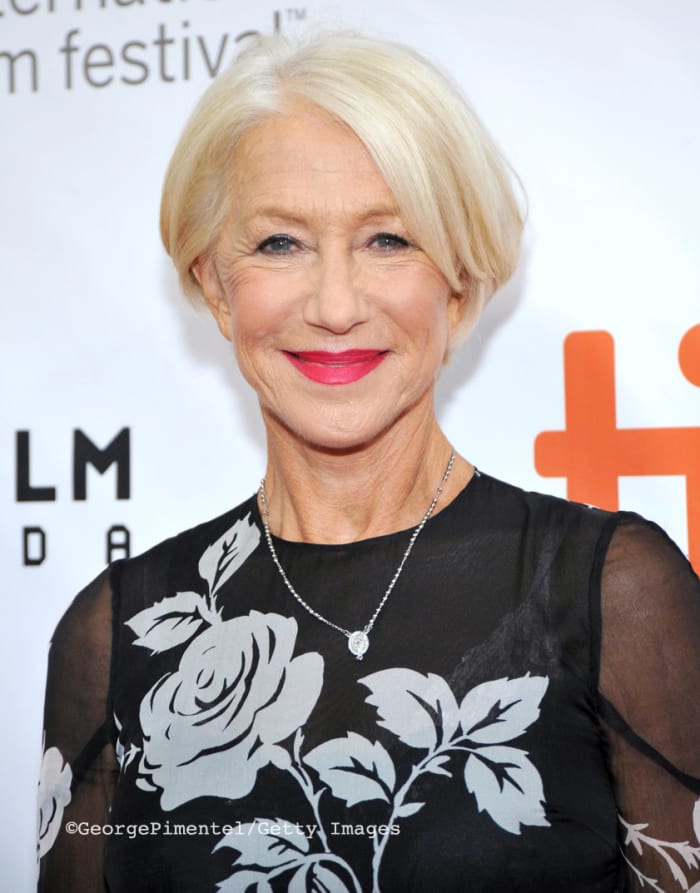 Dame Helen Mirren on the TIFF 2015 red carpet for Eye in the Sky.undefinedHair by Dicky Collins.