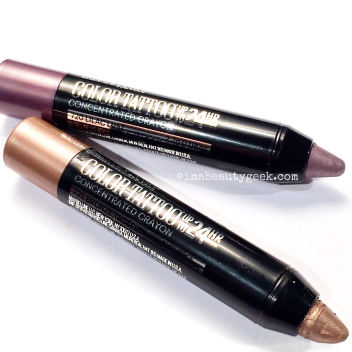 Maybelline Color Tattoo Concentrated Crayon eyeshadow in 720 Lilac Lust and 726 Bronze Truffle (January). Grace used Bronzed Truffle as the base for Ksenia's eyeshadow.
