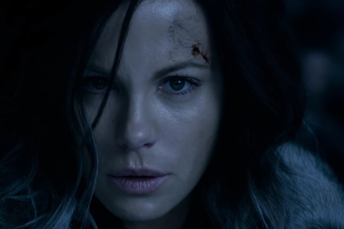 Kate Beckinsale as Selene in Underworld: Blood Wars. She's wearing Armani Luminous Silk Foundation on her skin, Benefit on her brows, Max Factor on her lashes, and on her lips is Bourjois Paris powder blush in Rose Jaspe. Makeup by Chase Aston.