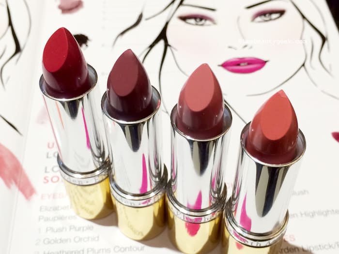 Elizabeth Arden Bright Lights, Big City lipsticks (l-r): Bold Red, Iced Grape, Pink Pucker, Barely There