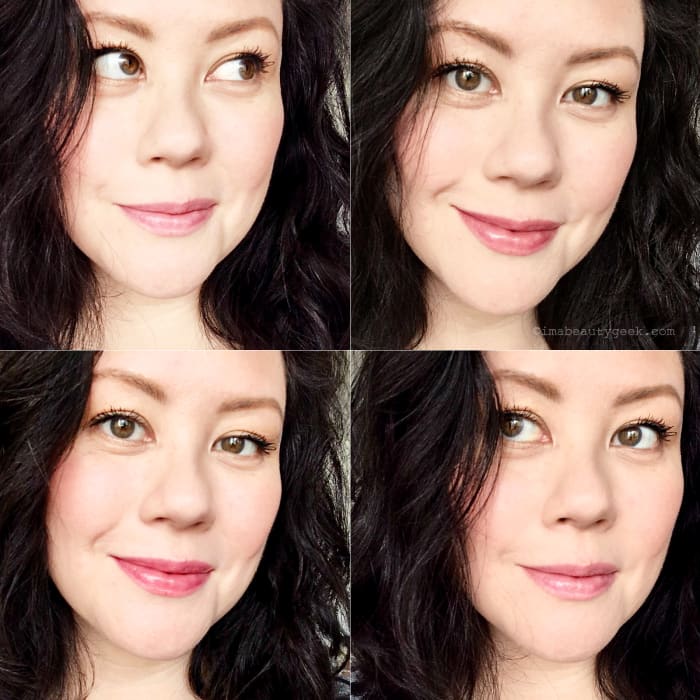 Clinique Crayola Chubby Stick top left and bottom right: Pink Sherbert. Top right: Mauvelous. Bottom left: Wild Strawberry. They're sheer; I apply until I get the most intense finish I can.