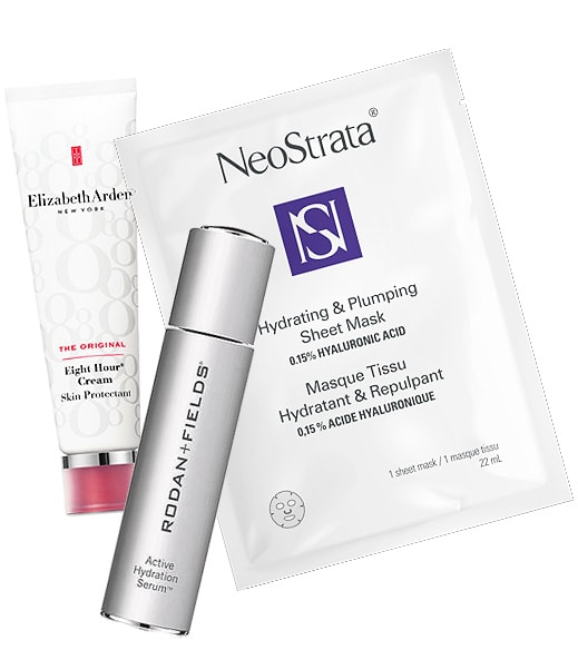 Elizabeth Arden Eight Hour Cream Skin Protectant, Rodan + Fields Active Hydration Serum and Neostrata Hydrating & Plumping 15% Hyaluronic Acid Sheet Mask