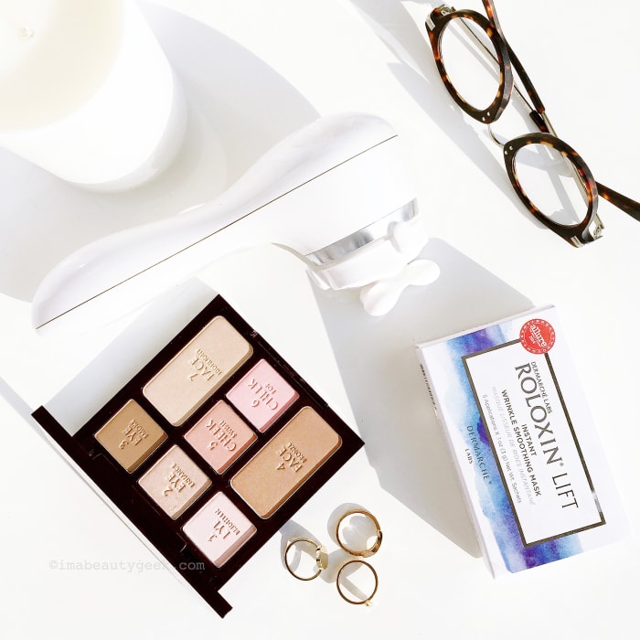 Three beauty items I'd give EVERYONE if I could: Clarisonic Uplift w Facial Massage attachment, Dermarche Labs Roloxin Lift masks and Charlotte Tilbury Natural Beauty palette
