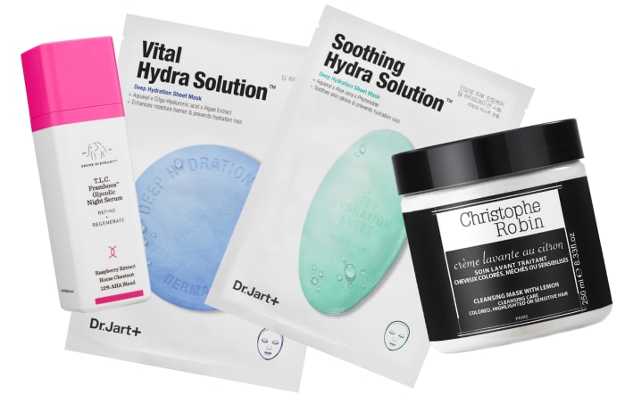 Drunk Elephant TLC Framboos Glycolic Night Serum, Dr. Jart+ Dermasks Vital and Soothing Hydra Solutions, Christophe Robin cleansing conditioner.