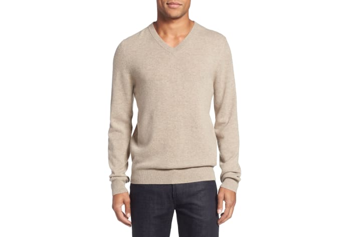 Hygge it Out: Look for generously-sized vintage v-neck cashmere sweaters in thrift-store men's sections