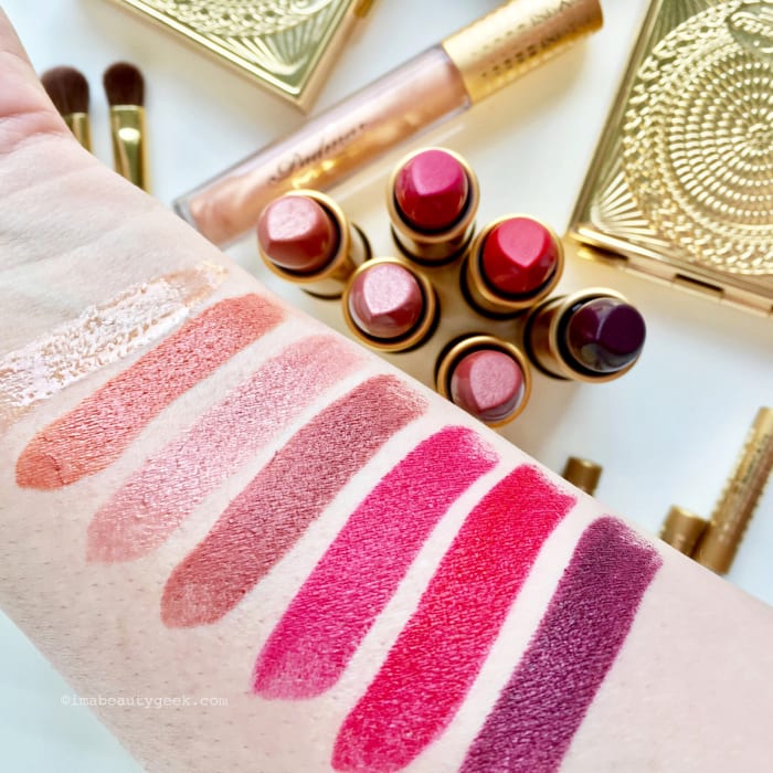 From left: MAC Padma Lakshmi Creamsheen Glass in Nefertiti; matte lipstick in Apricot Gold, Nude Fudge, Sunset Rose, Mittai Pink, Blue Blood and Sumac
