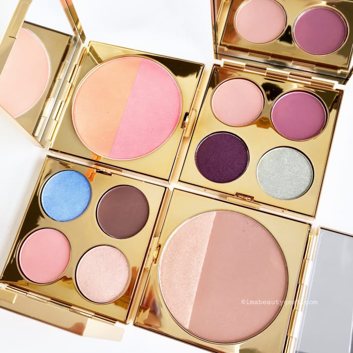 MAC Padma Lakshmi Melon Pink blush duo; eyeshadow quad in 70s Sunset; eyeshadow quad in Desert Dusk; Moon & Shine blush duo