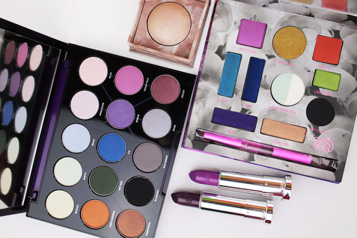 Urban Decay Distortion Eyeshadow Palette, Naked Illuminated Shimmering Powder in Luminous, Kristen Leanne Kaleidoscope Dream Palette, and Kristen Leanne Vice Lipstick in Spellbound and Cloud9