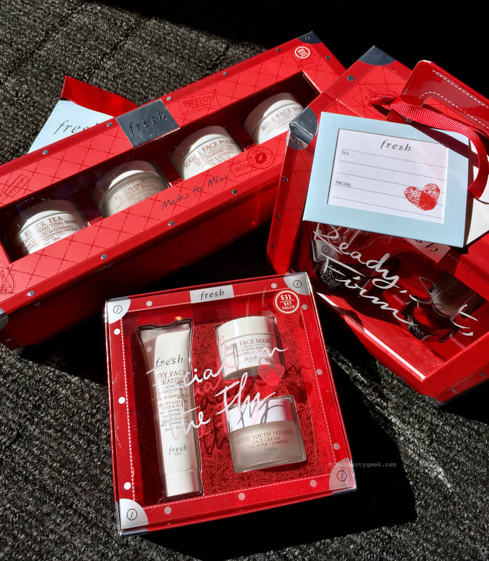 Fresh Holiday 2018 skincare sets: (clockwise from top left) Masks for Miles; Ready, Set, Firm; Facial on the Fly
