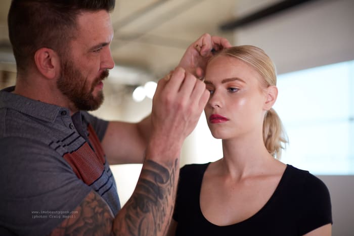 Makeup artist Stephen Moleski, who consulted on the development of the new brushes, and model Izabel Thiessen/Plutino, at the Quo brush collection launch. Photo: Craig Bagol