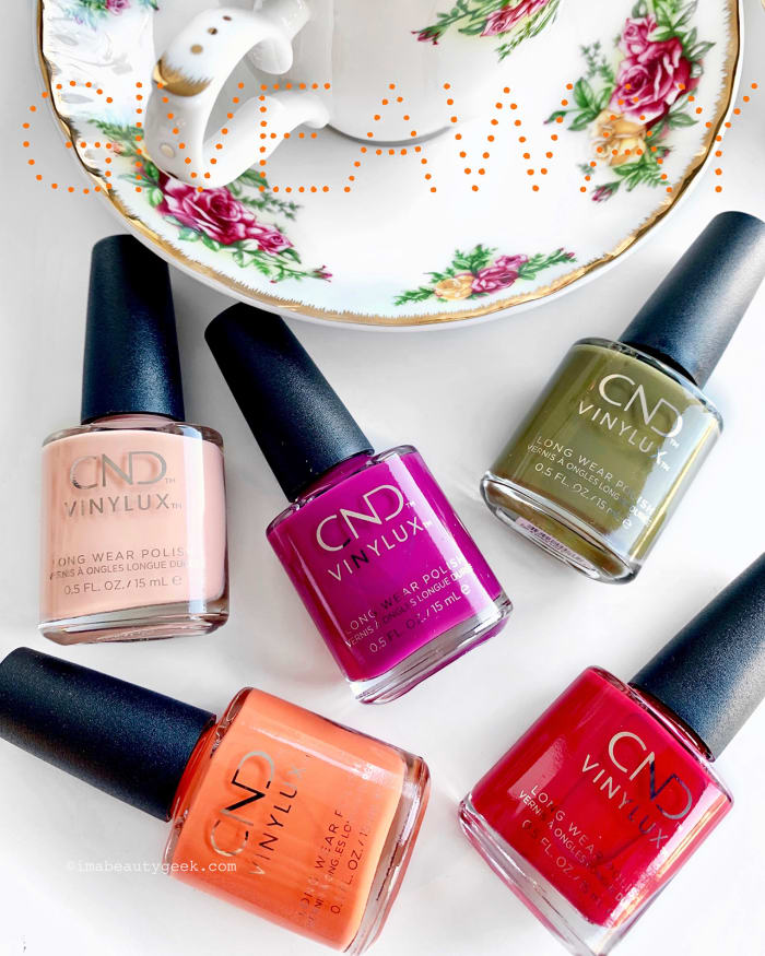 Clockwise from top left: Treasured Moments Vinylux collection shades CND Baby Smile, CND Secret Diary, CND Cap & Gown, CND First Love, CND B-Day Candle