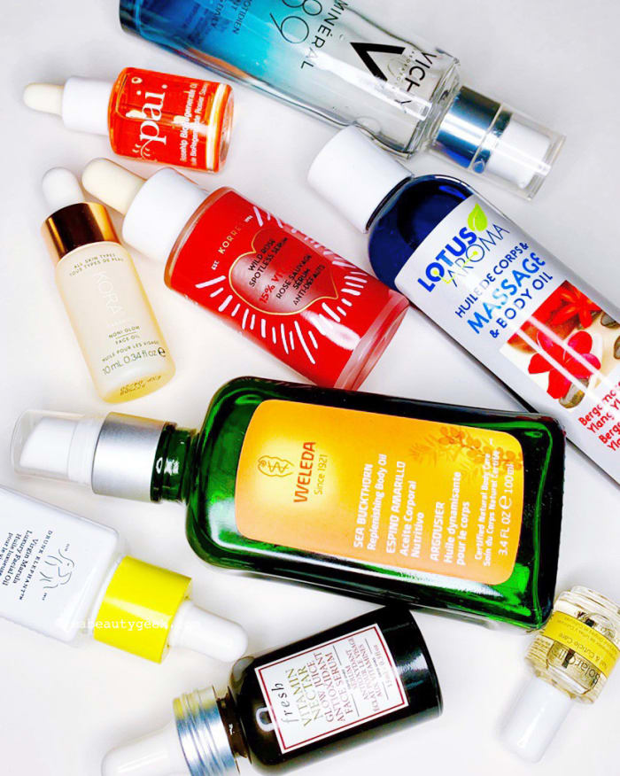 Oils are occlusive – a "light sheet" to petrolatum's "comforter." They slow water loss from the epidermis, so they're best applied on damp skin.