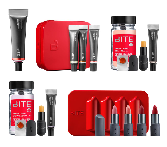 Bite Beauty holiday 2018 treats: limited-edition Agave Lip Mask in Candy Cane; Agave Treat Trio Mini Agave Mini Lip Mask Set w/ Natural, Maple and Candy Cane; Sweet Treats Party Prep Agave Lip Care Set; Sweet Treats Holiday Hangover Agave Lip Care Set; Four Little Bites Mini Amuse Bouche Lipstick Set w Date, Sake, Tannin and Nori.