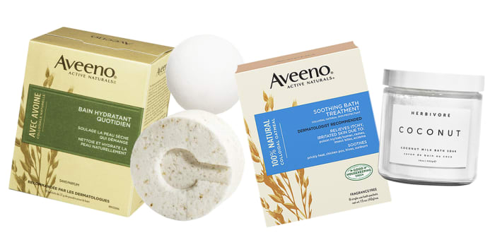 Winter-skin bath stuff: Aveeno Daily Moisturizing Bath; Consonant Hydrate Bath Bomb; DIY bath melt; Aveeno Soothing Bath Treatment; Herbivore Coconut Milk Bath Soak