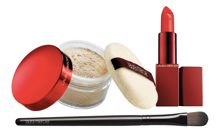 How to get lipstick to stay on longer: Laura Mercier Set For Luck Translucent Setting Powder with Puff, Lunar New Year Stroke Of Fortune Rouge Essential Lipstick in Firecracker, and Camouflage Powder Brush