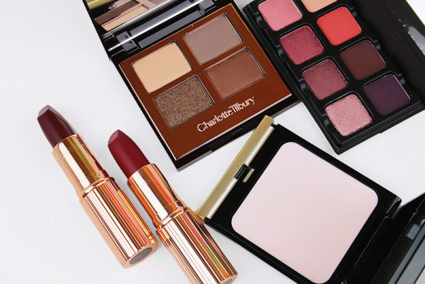 Charlotte Tilbury Matte Revolution Lipstick in Opium Noir and Red Carpet Red, and eye shadow quad in Golden Goddess; Viseart Petit Pro Palette 2; Kevyn Aucoin The Guardian Angel Cream Highlighter