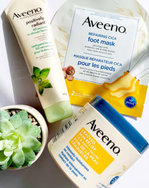 Aveeno Positively Radiant 60 Second In-Shower Facial Cleanser, Repairing Cica Foot Mask and Cracked Skin Relief Cica Balm