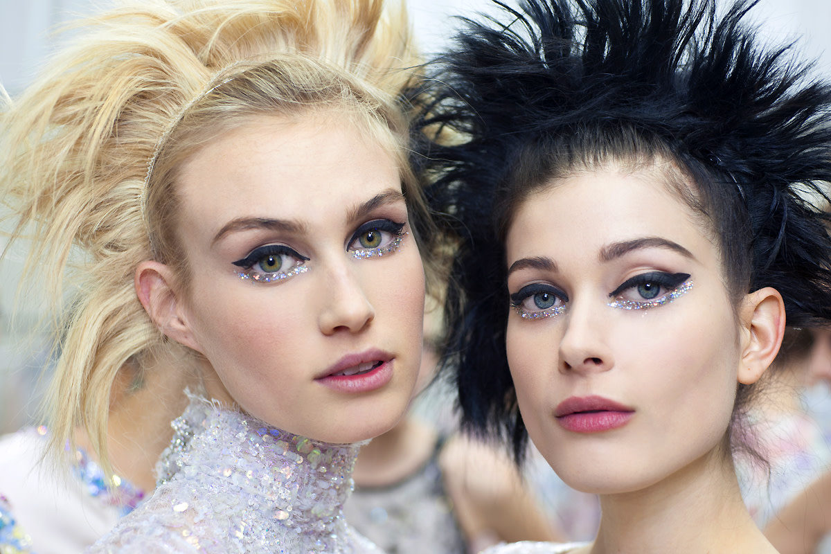 Chanel sequin eyes_Canadian model Dauphine on left_Chanel Spring Summer 2014 Haute Couture makeup