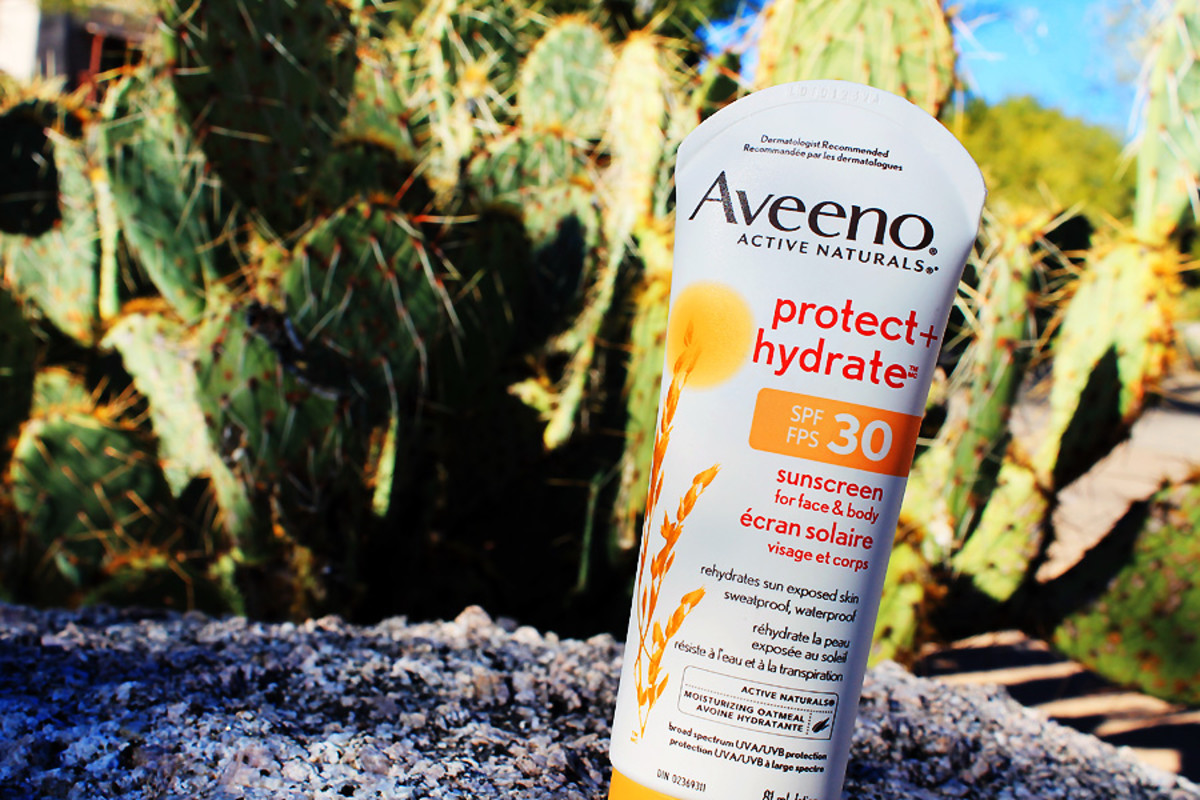 How to avoid vacation sunburn: Aveeno Protect + Hydrate SPF 30 on the rocks.