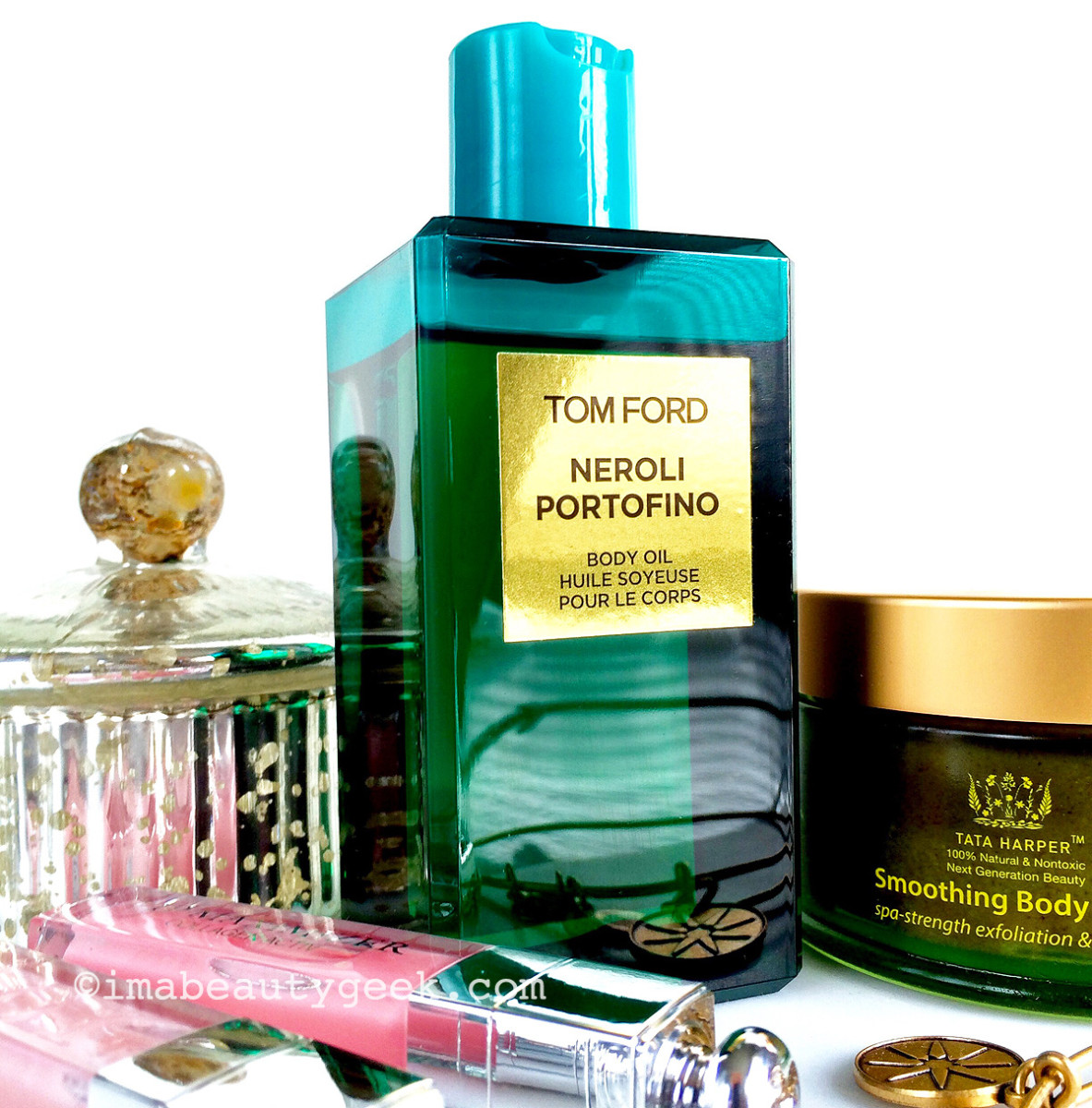 Tom Ford Body Oil in Neroli Portofino, Tata Harper Smoothing Body Scrub, Dior Addict Lip Maximizer