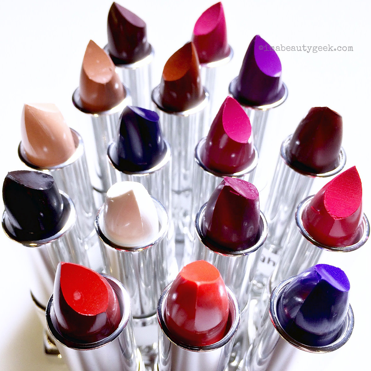 Okay, one more shot of 15 of the 16 Maybelline ColorSensational Loaded Bolds lipsticks Canada will have.
