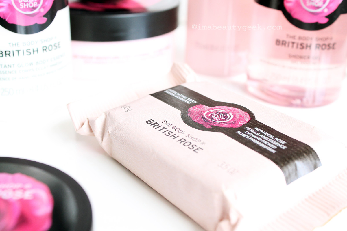 The Body Shop British Rose soap has rose petals in it, as well as rose essence