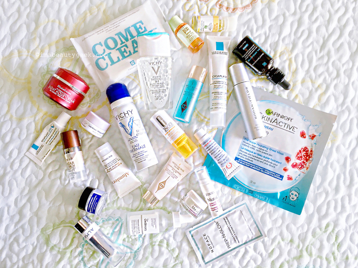 Travel-size skincare in my carry-on – well, in my very large purse.