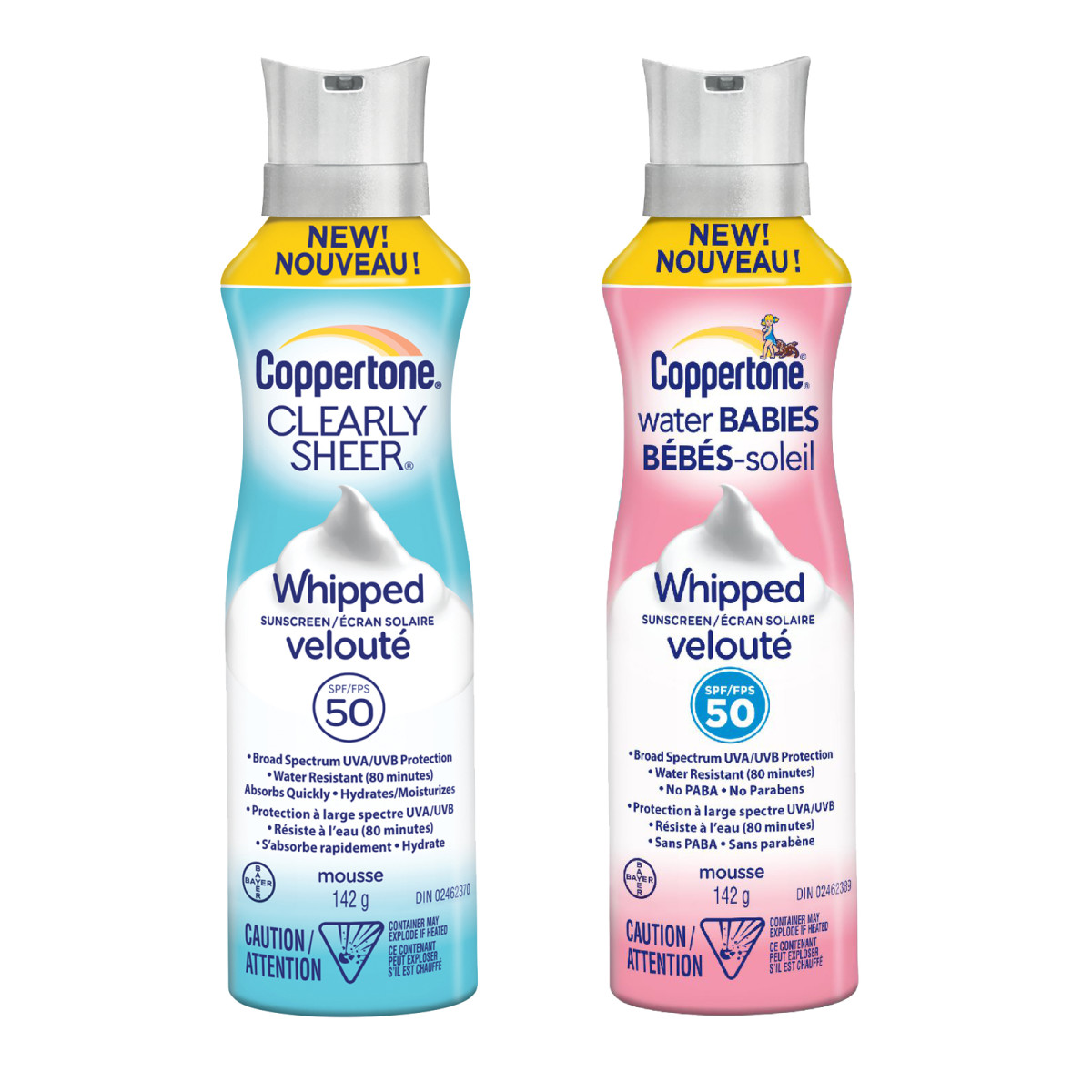 Coppertone Whipped Sunscreens SPF 50: Clearly Sheer Whipped and Water Babies Whipped (for kids; fragrance-free)