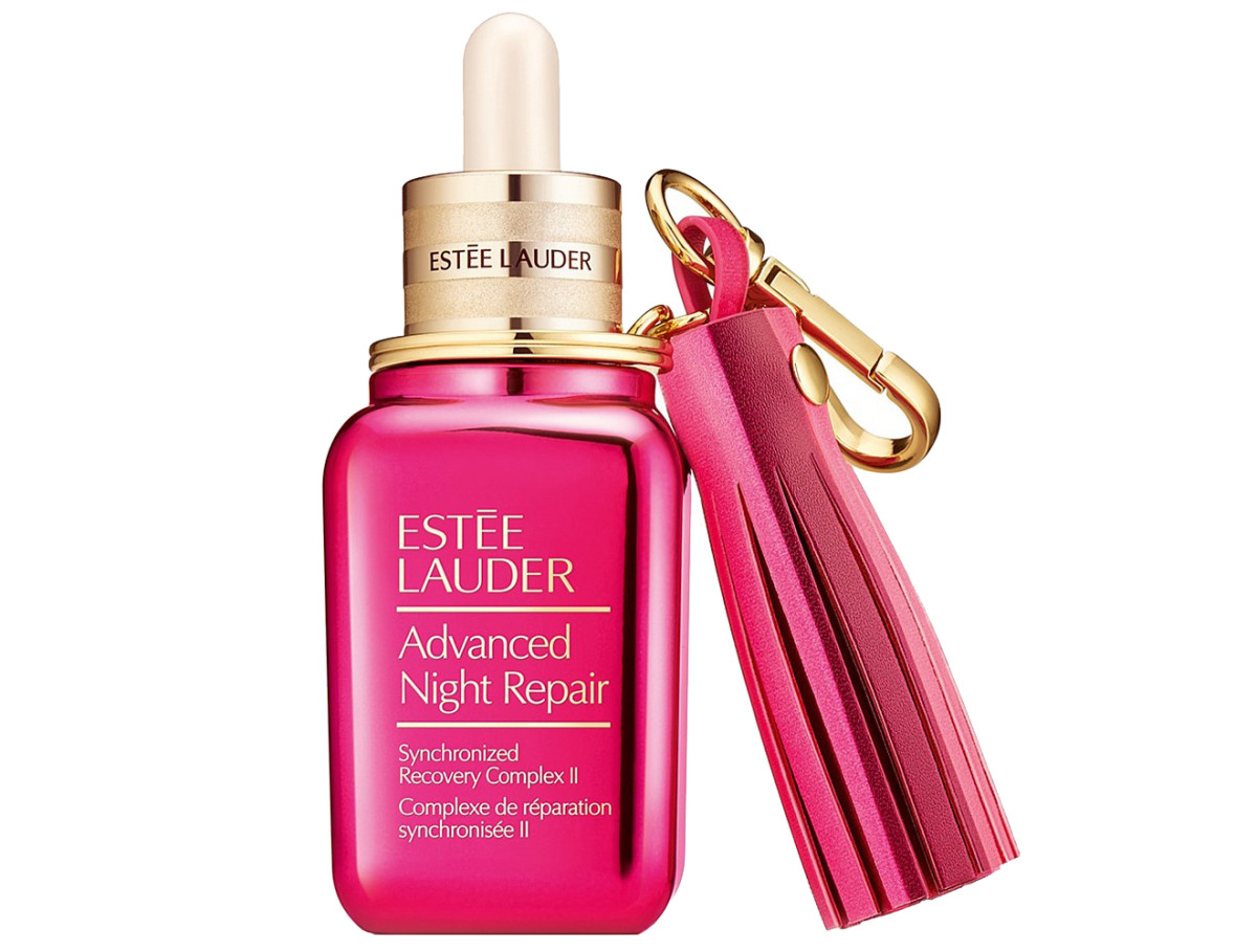 Estée Lauder Advanced Night Repair with pink ribbon pleather tassel keychain