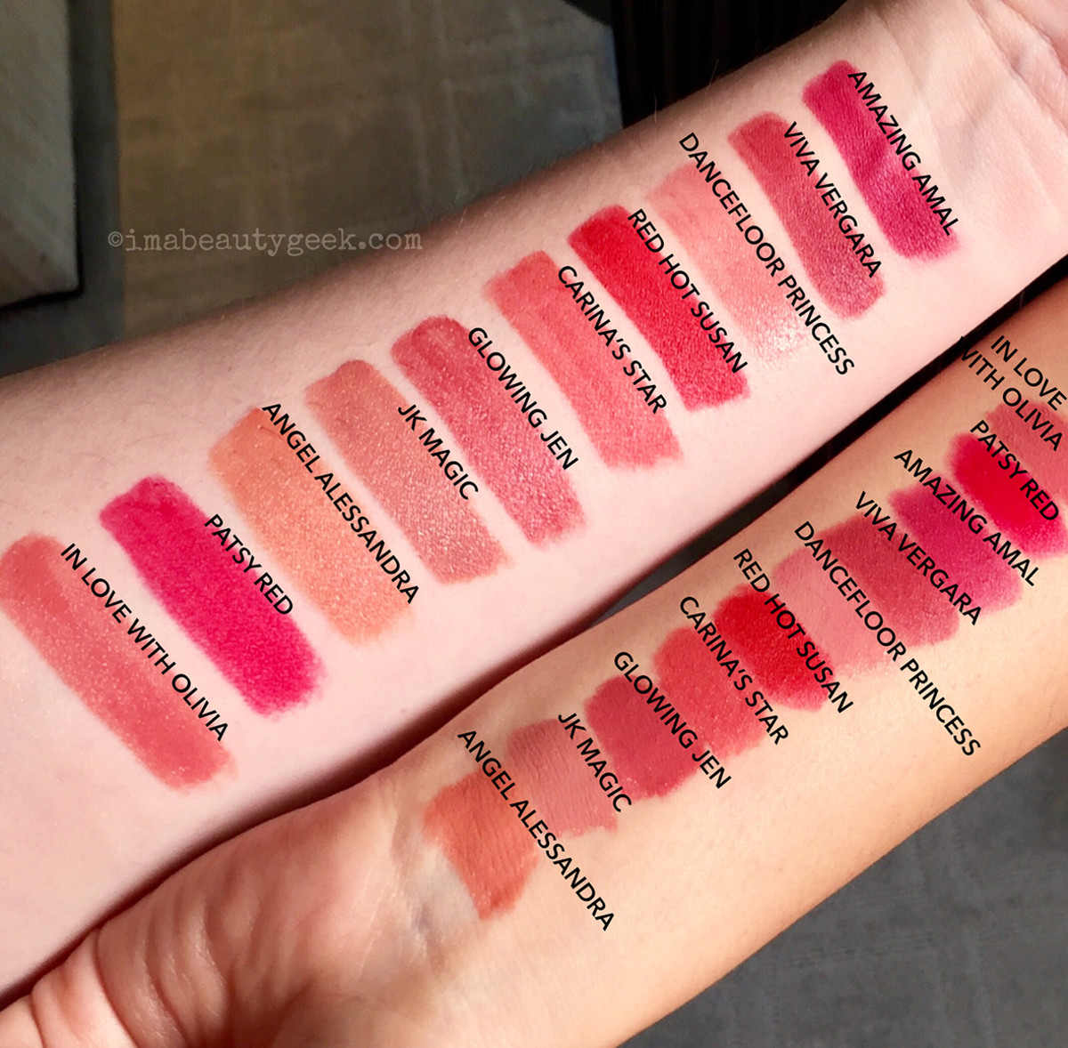 Charlotte Tilbury Hot Lips 2 shades arm-swatched on pal Mishal Cazmi and me (top)