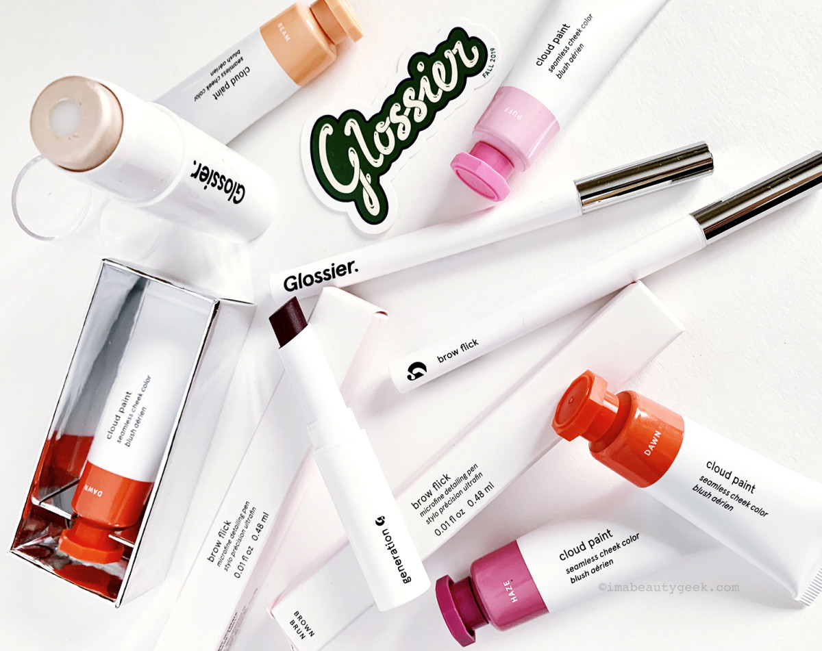 Glossier Cloud Paint, Haloscope, Generation G sheer matte lip colour, and Brow Flick