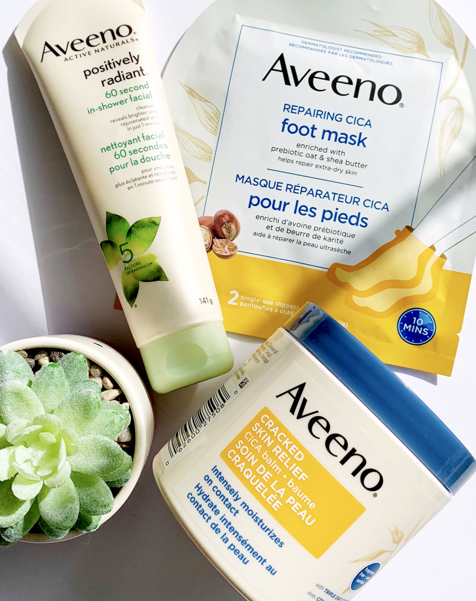 Aveeno Positively Radiant 60 Second In-Shower Facial Cleanser, Repairing Cica Foot Mask and Cracked Skin Relief Cica Balm
