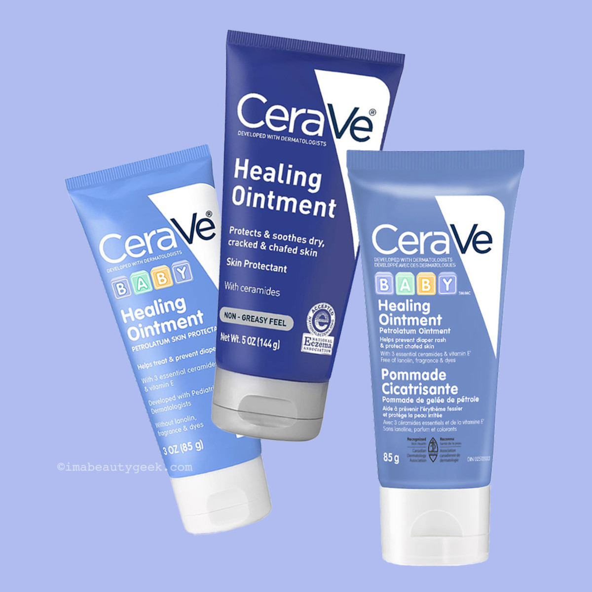 CeraVe Baby and regular CeraVe Healing Ointment tube packaging in the US, and Canada's CeraVe Baby Healing Ointment, avec bilingual packaging.